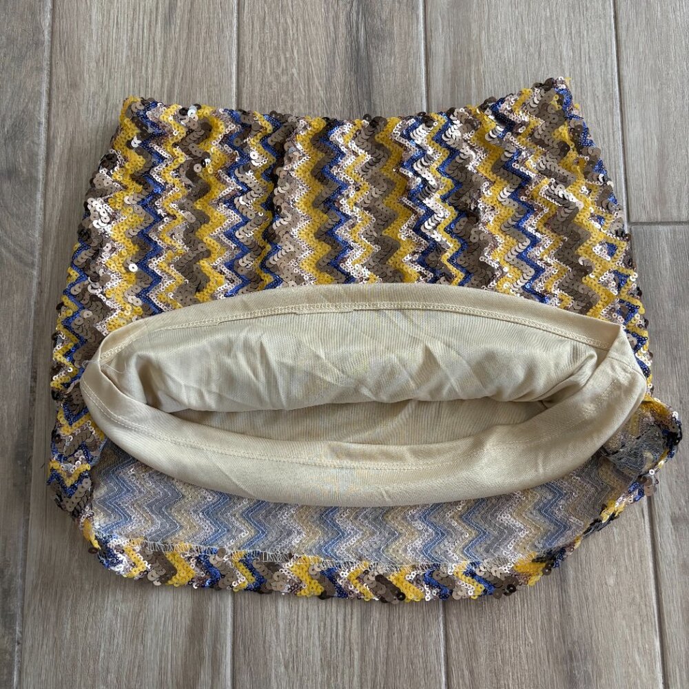 Vintage Shasa Sequin Mini Skirt Women's Large Gold Blue Zig Zag Party Y2K USA - Picture 6 of 8